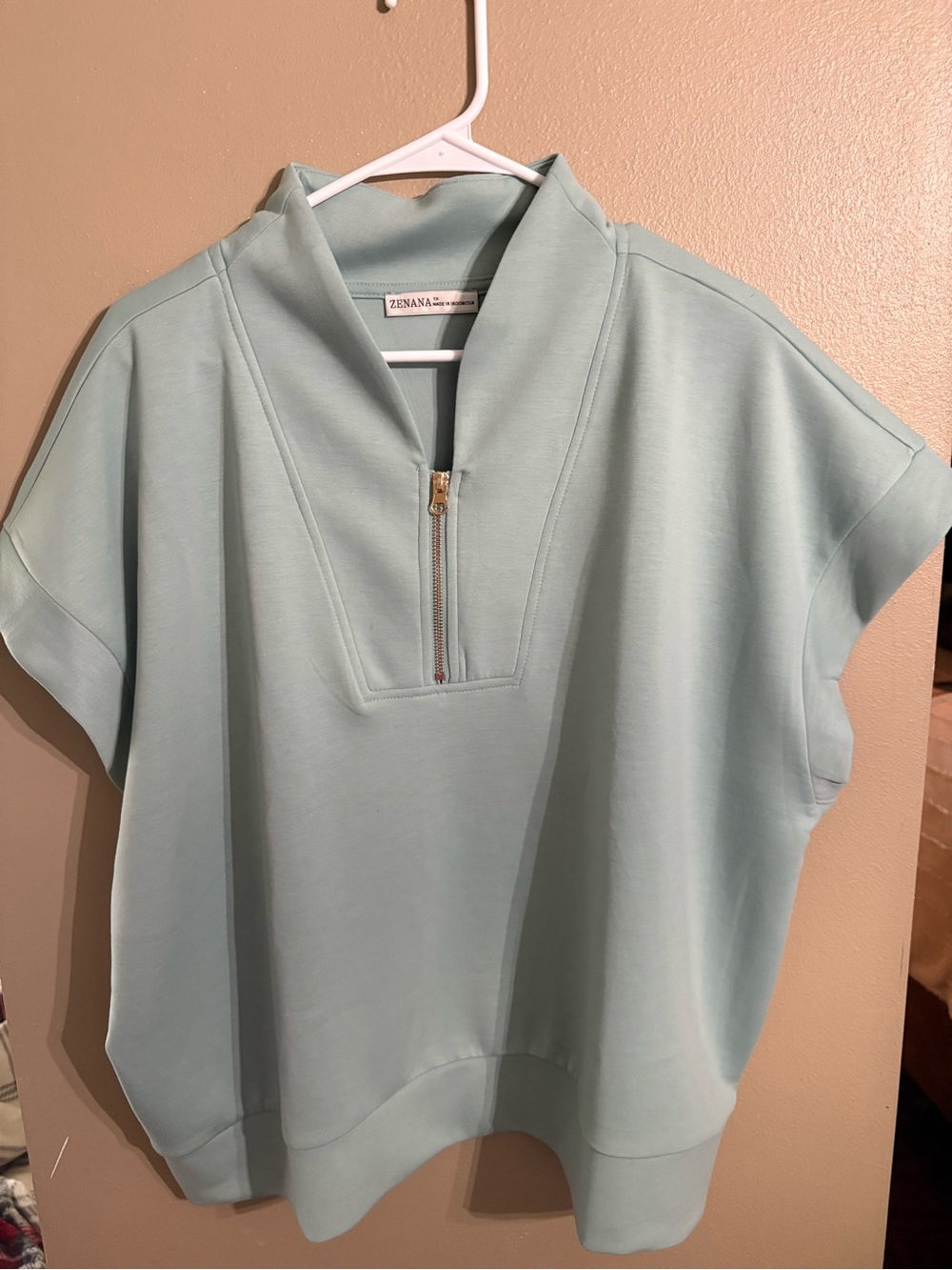 Zenana Outfitters Pale Aqua Short Sleeve Half-Zip Pullover